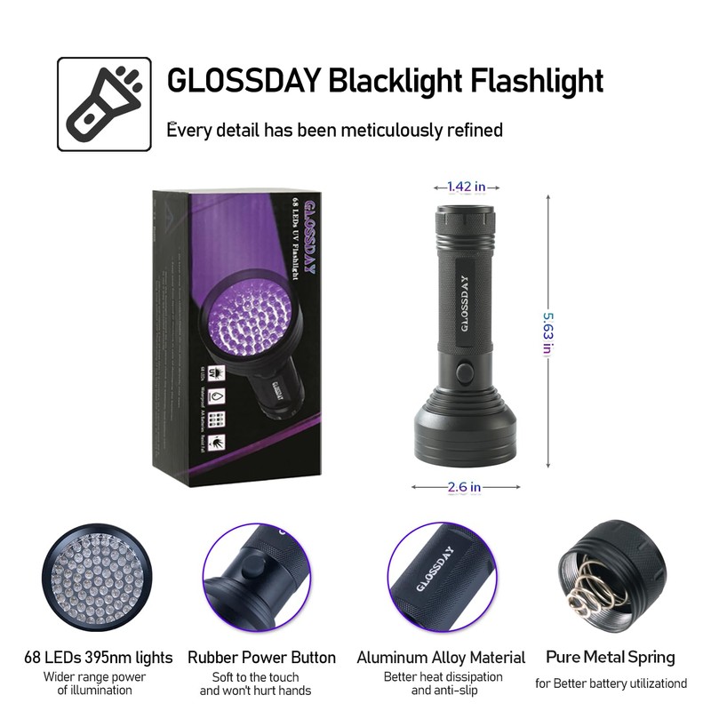 GLOSSDAY Blacklight Flashlight 68 LED UV Flashlight,Ultraviolet Flashlight Black Light