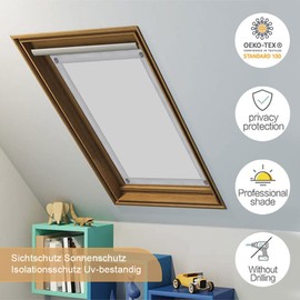 OBdeco Thermal Roller Blind, 100% Blackout Sun Protection, Blackout Roller Blind for Velux Roof Windows, Heat Protection, No Drilling Required, with Suction Cups, White, 48 x 98 cm, for FK06