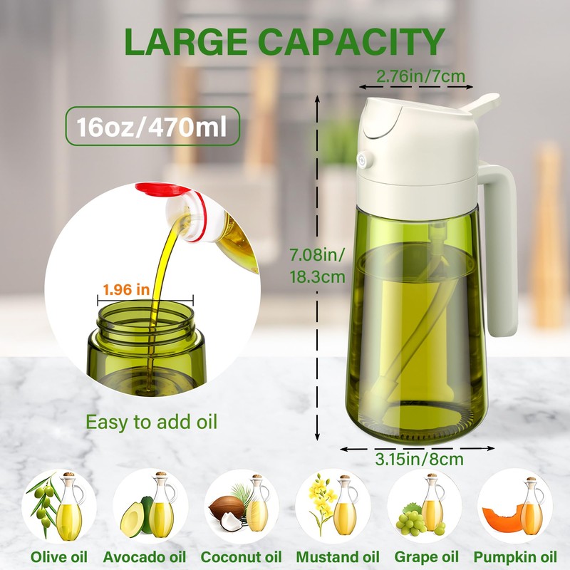 Vakoo 2-IN-1 Olive Oil Sprayer and Dispenser, 16oz/470ml Food-Grade Glass