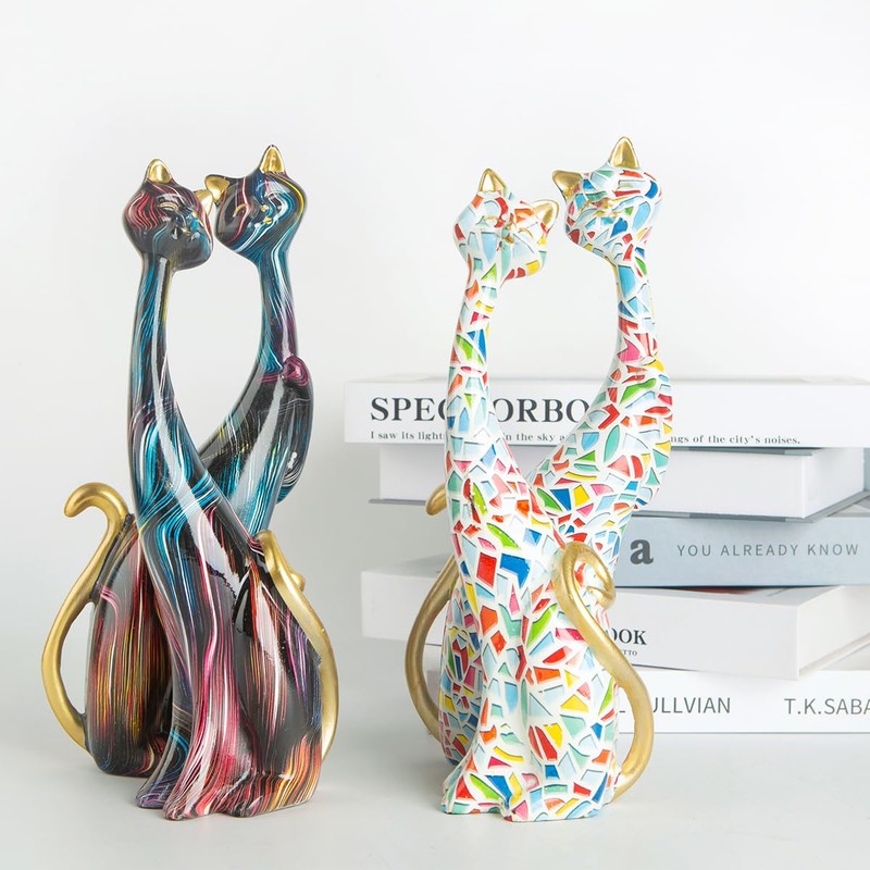 Two Cat Statues Home Decor, White Cat Sculptures 9.6-Inch with