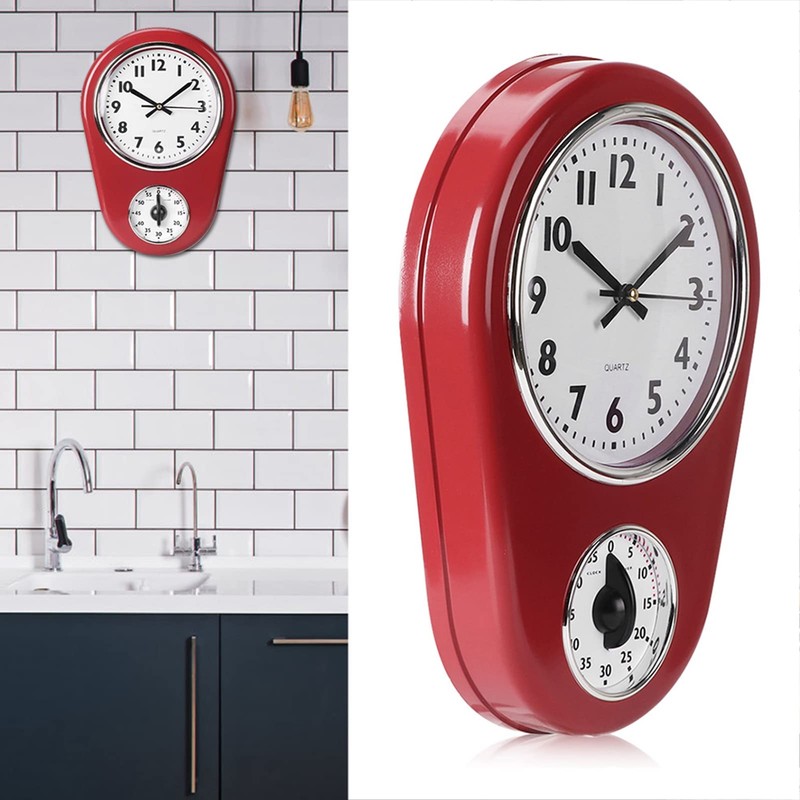 KIMISS Kitchen Wall Clock with Timer Red Kitchen Wall Clock