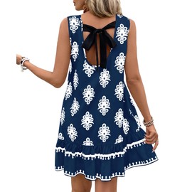 MITILLY Womens Ruffle Hem Dress Casual Floral Boho Sundresses Navy Floral and White Pattern Beach Summer Short Dresses Navy Blue X-Large