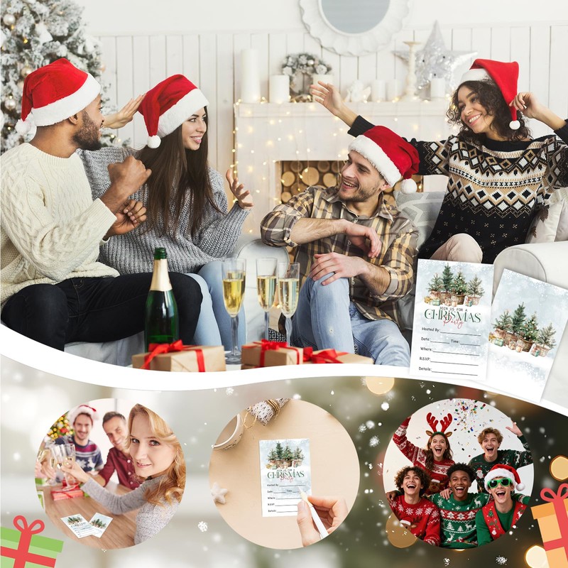TIOFUNO Christmas Party Invitations, 25 Cards with Envelopes, Double-Sided Christmas