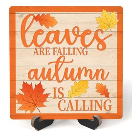 Fall Farmhouse Decor For Home, Fall Tiered Tray Decor, Leaves Are Falling Autumn Is Calling Sign, Fall Kitchen House Desk Decor, Thanksgiving Table Decorations, Set Of 1 Wooden Sign With Stand -n10