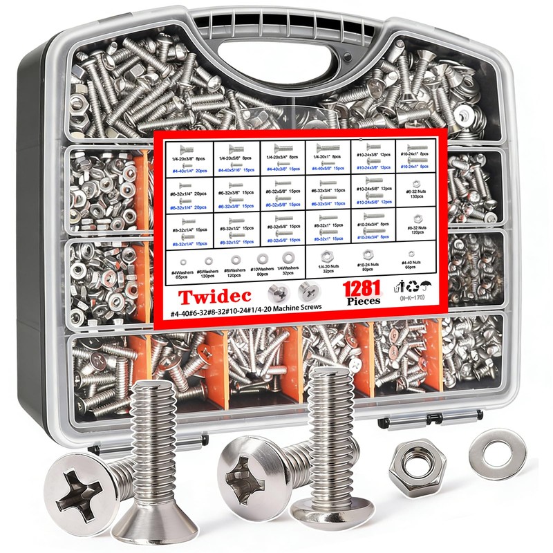 Twidec/1281PCS Nuts and Bolts Assortment Kit,Machine Screws,304 Stainless Steel Phillips