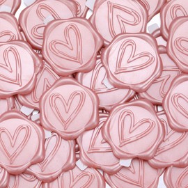 Filhome 50Pcs Wax Seal Stickers, 1.14inch/29mm Pink Envelope Seal Stickers, Heart Vintage Wedding Invitation Stickers for Valentine's Day Birthday Bridal Shower Party Supply