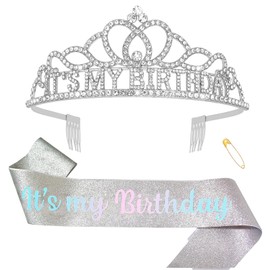 Moikolok Birthday Sash and Crown for Women, Birthday Crown Adult Woman, Birthday Girl Crown Happy Birthday Crown Tiara Headband Silver Rhinestone Birthday Outfits for Girls Birthday Decorations
