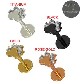 AZARIO LONDON G23 Grade Titanium Dog Paw with Cz Stone Top 16 Gauge - 6mm Length Push Fit Labret - Tragus Bar Piercing - Labret Stud Helix - Tragus Earring
