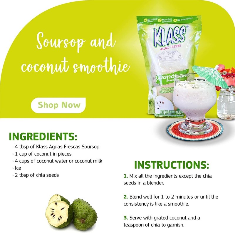 2 PACK KLASS SOURSOP (GUANABANA)0NO ARTIFICIAL FLAVORS DRINK MIX 14.1