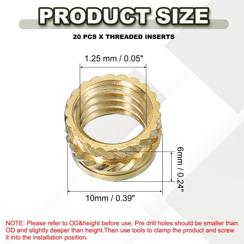 PATIKIL Threaded Inserts M8x6x10mm, 20 Pcs Brass Heat Set Insert