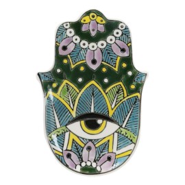 Green Chakra Hamsa Palm Mandala and Evil Eye Ceramic Dish Brass Incense Holder