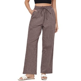 GRAPENT High Waisted Pants for Women Linen Pants Women Wide Leg High Waist Brown White Stripe Size Small US 4 to 6