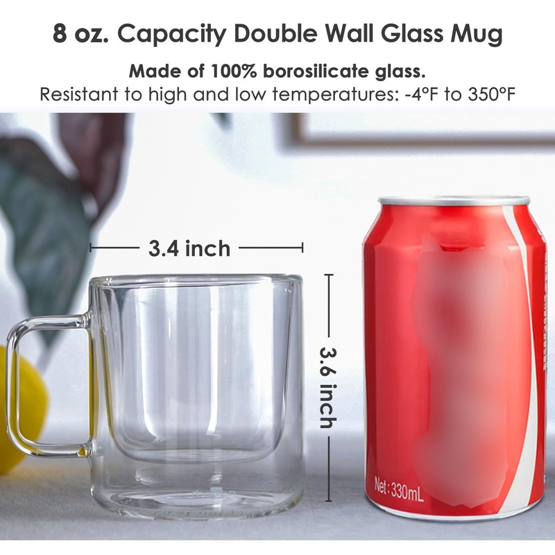 Aquach 2-Pack Double Walled Insulated 8oz Glass Coffee Mugs with