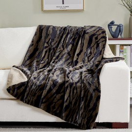 DREAMNINE Luxury Soft Fuzzy Tiger Print Faux Rabbit Fur Throw Blanket 50" x 60", Double Sided Thick Cozy Plush Shaggy Fluffy Lap Blanket,Cute Warm Animal Printed Furry Blankets for Winter,Brown Coffee