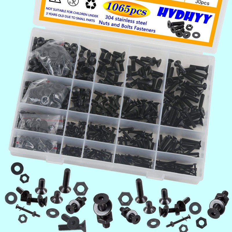HVDHYY 1065pcs Black Bolt and Nut set M2 M3 M4