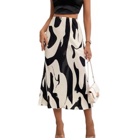 GORGLITTER Women's High Waist Pleated Graphic Bodycon Pencil Midi Skirt Elegant Long Skirts Black and Beige XL