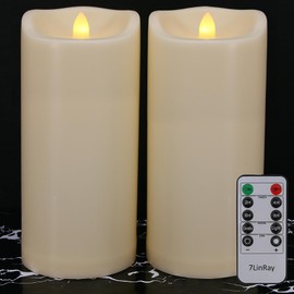 7LinRay Large 10" x 4" Outdoor Waterproof Flameless Candles with Remote and Timers, 1000 Hours Battery Operated LED Flickering Pillar Candles for Lanterns, Ivory Plastic, Set of 2