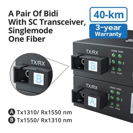 10Gtek a Pair of Gigabit Bidi Fiber to Ethernet Media Converter, SingleMode Single SC Fiber to Ethernet RJ45 Converter for 10/100/1000Base-Tx to 1000Base-EX, UL Certified, 1310-nm, up to 40-km
