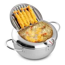 HABP GLOBAL Deep Fryer Pot,4.2 L, 304 Stainless Steel with Temperature Control and Oil Drip Drainer Rack, for Kitchen French Fries, Chicken etc - Janpanese Style Tempura Frying Pot with Lid
