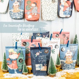 Papierdrachen Advent Calendar to Fill at Home - 24 Blue and Pink Printed Gift Bags and 24 Number Stickers and Clips - Dark Blue Motif - for Crafts and Gifts - Christmas