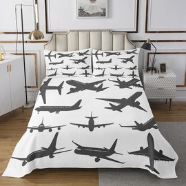 Kids Airplane Sheet Set Twin Size Flight Bed Sheets Set for Boys Girls Teens Bedroom Decor Travel Sheets with Deep Pocket Fitted Sheet Women Men Aircraft Grey and White Bedding Set With 1 Pillow Case