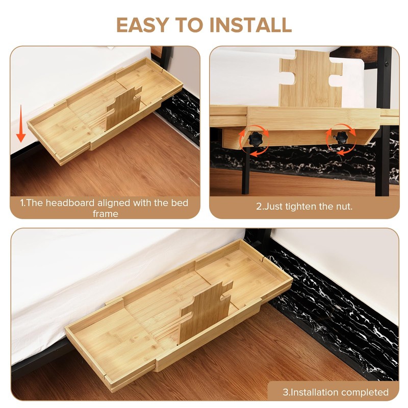 Bamboo Bedside Shelf with Expandable Tray, Clip-On Bunk Bed Nightstand