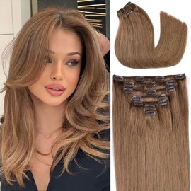 ORIGEN Clip in Hair Extensions Real Human Hair Clips ins Remy Hair Extensions for Women Full Head Medium Brown 80g 16 Clips 7 Pcs 14 Inches