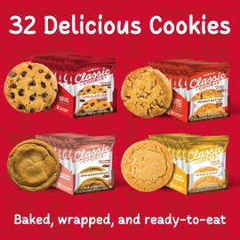 Classic Cookie, Soft Baked Cookie, Variety Pack with 3oz. Chocolate Chip, Peanut Butter, Sugar Cookie, and Snickerdoodle, 32 Cookies