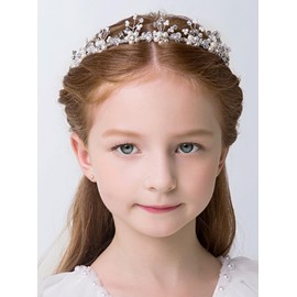 Denifery Flower Girl Headpiece for Wedding Princess Rhinestone Wedding Headband Tiara Pearl Hair Piece for Girl Hair Accessory Wedding Party First Communion (Silver1)