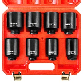 WETT 1/2" Drive Deep Large Impact Socket Set, 8-Piece Spindle Axle Nut Large Sockets Set, Standard SAE 6 Point Wheel Wrench Sockets, CR-MO Steel, (1-1/4-Inch-1-3/4-Inch)