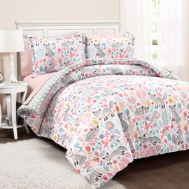 Lush Decor Pixie Fox Reversible Comforter Set, 5 Piece Set, Twin XL, Pink & Gray - Kids Bedding with Sheet Set - Comforter Set for Girls - Toddler Bedding - Floral & Hearts - Woodland Bedroom Decor