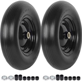 (2-PACK) 4.80/4.00-8" Tire and Wheel - Universal Fit 16" Flat Free Solid Wheelbarrow Tires with 3" Hub and 5/8" Bearings – Extra Adapter kit includes 3/4" Ball Bearings, 1" and 1/2" Nylon Spacers