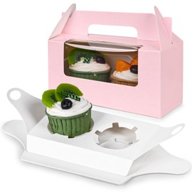 VGOODALL 9PCS Cupcake Boxes with Window, Cupcake Containers Cupcake Carriers with Insert Handle Holding 2 Cupcakes for Birthday Party Wedding Pink