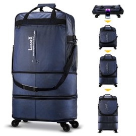 LUGGEX Collapsible Luggage with Wheels - Expandable Foldable Rolling Travel Luggage Bag - Lightweight Suitcase without Telescopic Handle(Large, Blue)