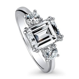BERRICLE Sterling Silver 3-Stone Wedding Engagement Rings 2.6 Carat Emerald Cut Cubic Zirconia CZ Promise Ring for Women, Rhodium Plated Size 6