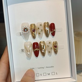 TENPAL Gold-Red Baroque Style Crystal Designs Fake Nails with Tools,Handmade Press on Nails Medium Almond,Glossy Gems Micro-Crystal Soft Gel False Nails Kit,Vintage Bridal Party Fall Winter Nails(L)