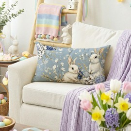 Easter Bunny Blue Throw Pillow Cover, 12 x 20 Inch Hydrangea Rabbits Cushion Case Decoration for Sofa Couch