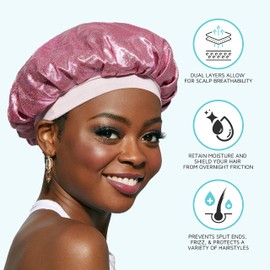 KISS COLORS & CARE Glitter Bonnet XL, Pink Pearl, Gentle Silky Fabric with Elastic Band for Most Hair Types - Hypoallergenic, Overnight Wear Stylish Sleep Cap, Slip-Free, Breathable