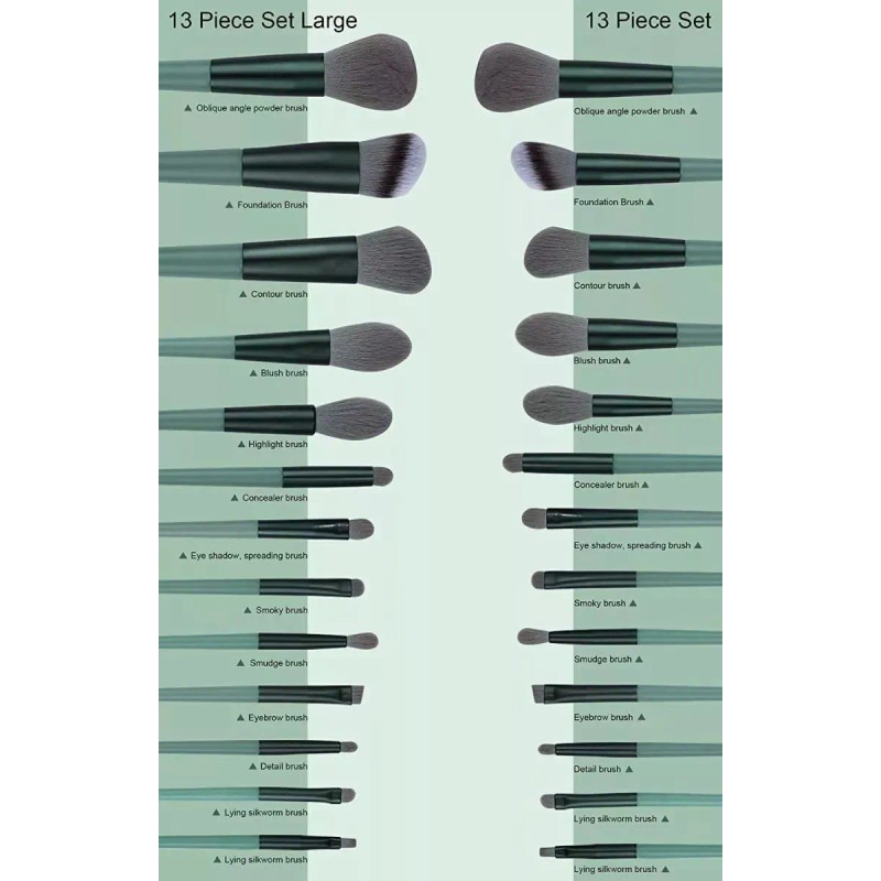 Set Brochas de maquillaje 13 piezas profesional y bolsa verde