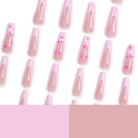 24 Pcs Valentines Day Press on Nails Long Pink Heart Coffin False Nails with Glue Acrylic Fake Nails French Full Cover Artificial Nails Pink Queen of Hearts Nails for Women DIY Nail Art Decorations