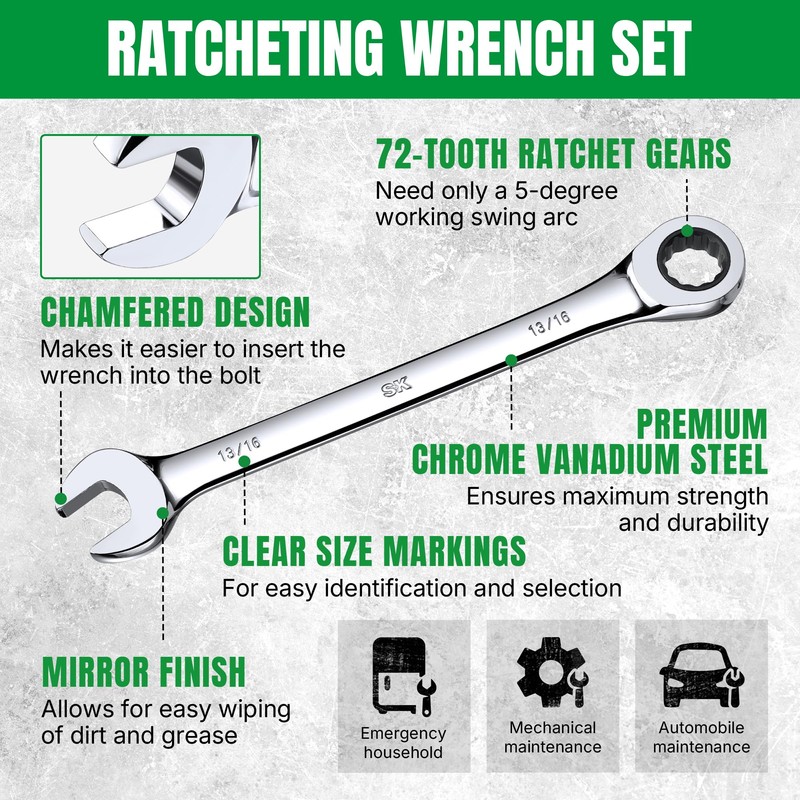 SK Ratcheting Wrench Set, Combination Wrench Set, 13-Piece, SAE 1/4"