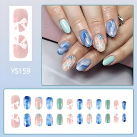 Almond Press on Nails Medium Summer Fake Nails for Starfish Design Ocean Nails Press ons Glossy False Nails Full Cover Glue on Nails for Women and Girls 24 Pcs