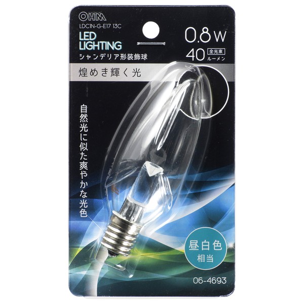 Ohm Electric LED Light Bulb Chandelier Bulb Shape E17/0.8W Clear Daylight White LDC1N-G-E17 13C 06-4693 OHM