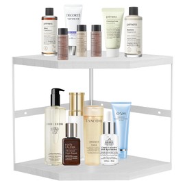 JBESUHI 3-Tier Wood Counter Corner Shelf Organizer- Plate Organizer for Cabinet Countertop Storage - Vanity Counter Corner Shelf, Skincare | Plates | Cups | Bowls (Wood+White)