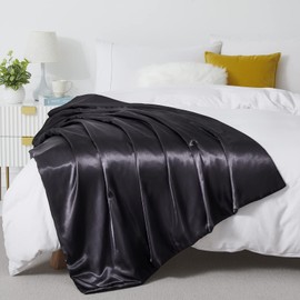 Silk Throw Blanket - Black Cooling Packable Satin Blanket for Couch, Bed, Camping, Outdoor, Travel, Car - Super Soft Lightweight Cozy Blanket(50'' x 60'', Black)