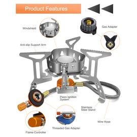 AUTOPkio Camping Gas Stove 3500W, Portable Gas Stove Windproof Backpacking Outdoor Stove with Piezo Ignition Adapters Converter for Outdoor Hiking, Picnic, Trekking, BBQ