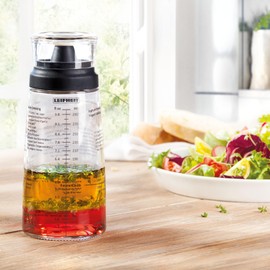 Leifheit Glass Salad Dressing Bottle 10 oz – Durable Eco-Friendly Glass with Leakproof Plastic Lid, Non-Drip Spout, Built-In Recipe Guide, Dishwasher Safe, German Design – Black