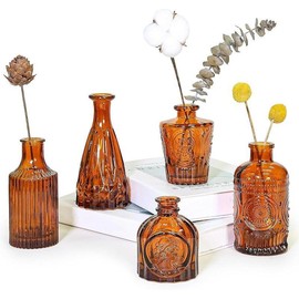 Glass Bud Vase Set of 5, Green Small Flower Vases for Centerpieces in Bulk, Mini Vintage Vase for Rustic Wedding, Home,Table Decoration - Color: Amber