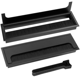 2 Pcs Desk Table Grommets, Aluminum Alloy Rectangle Cord Cable Wire Hole Covers Organizer, Cable Tidies Port Hole Covers with Brushes for Home Office Table (Black, 280x80mm)