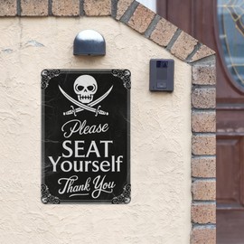 Pirate Skull Tin Plaque 8X12IN "Please Seat Yourself" Black Humor Wall Decor for Bar, Man Cave & Gothic Home Theater Signage